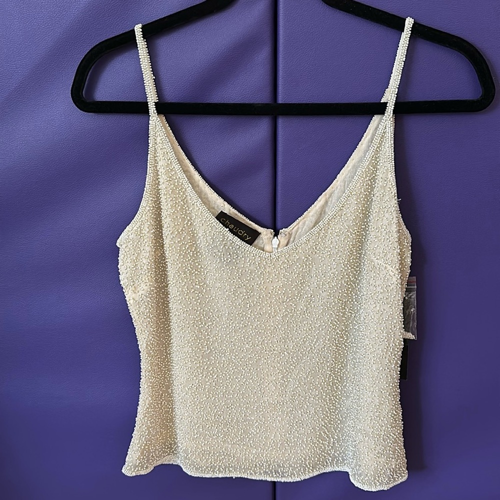 NWT Chaudry Women’s M beige and pearl and gold beaded 100% silk top, sleeveless